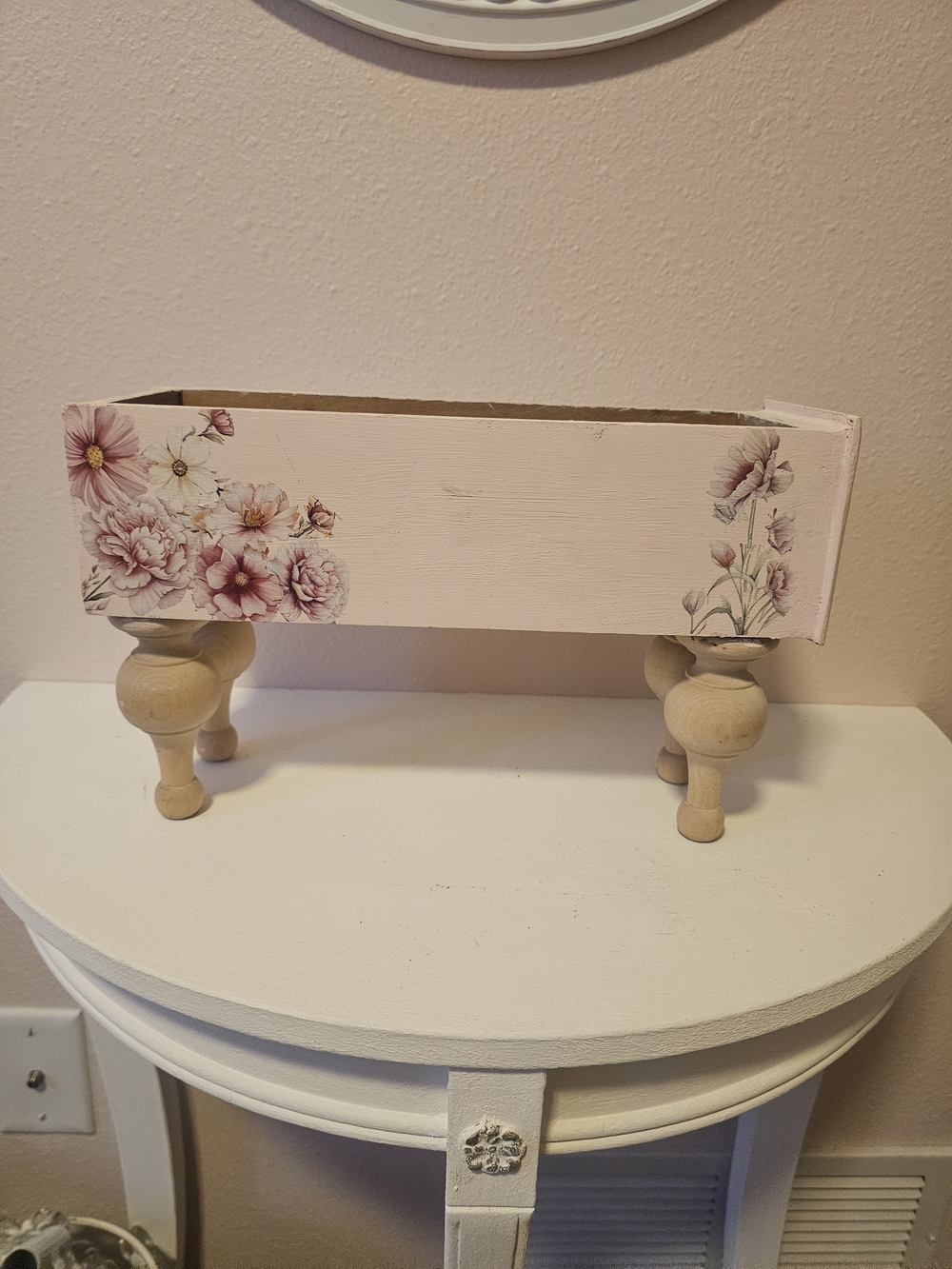 Pink Floral Decorative Wooden Riser / Box with Natural Pedestal Legs